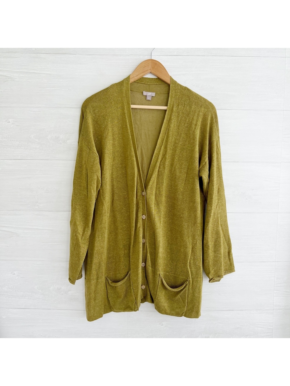 J.Jill Olive Green Linen Blend Longline Cardigan Petite L Button Pockets